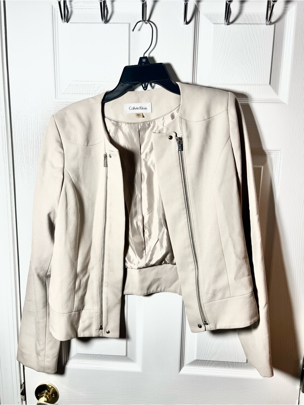Calvin Klein Moto Jacket Size 10 Beige Full Zip Coat